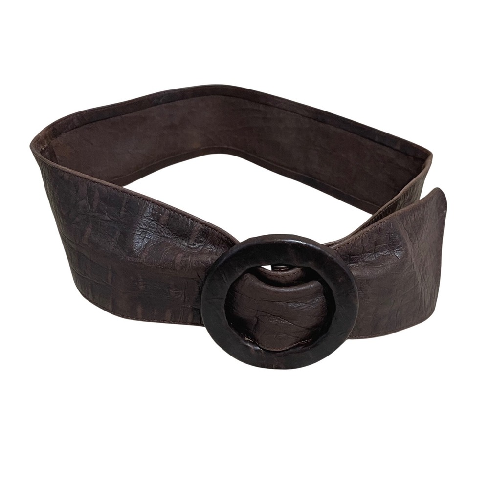 Wide Brown‎ Croc Embossed Leather Belt Round Wood Buckle Corset Sash Boho Retro
